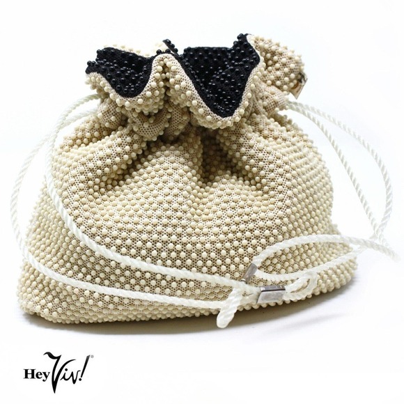 Vintage Reversible Black Ivory Beaded Purse Lee British Hong Kong - Hey Viv - Picture 3 of 7